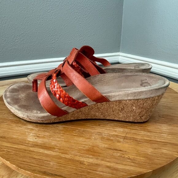 UGG AUSTRALIA MADDIE CORK WEDGE STRAPY THONG SANDALS IN FIRE OPAL SIZE 8 - Picture 8 of 9